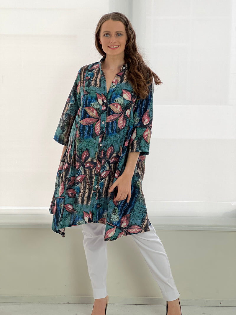 Tulum Teal Art Print Linen Shirt Dress