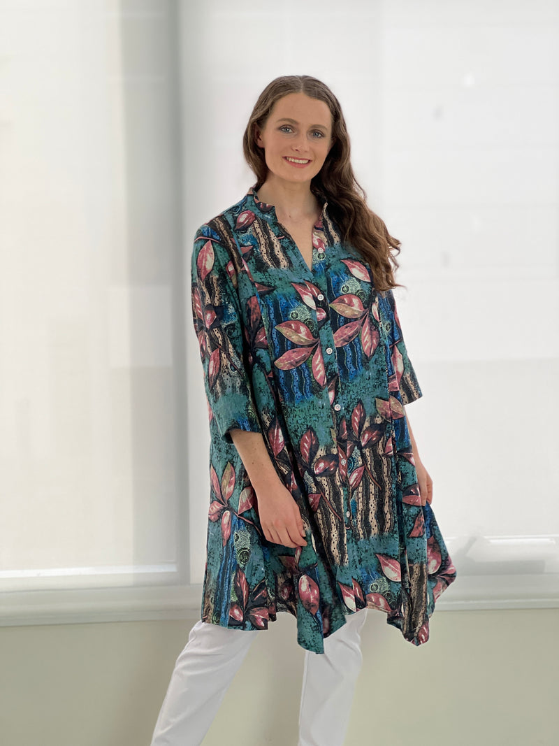 Tulum Teal Art Print Linen Shirt Dress