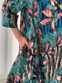 Tulum Teal Art Print Linen Shirt Dress
