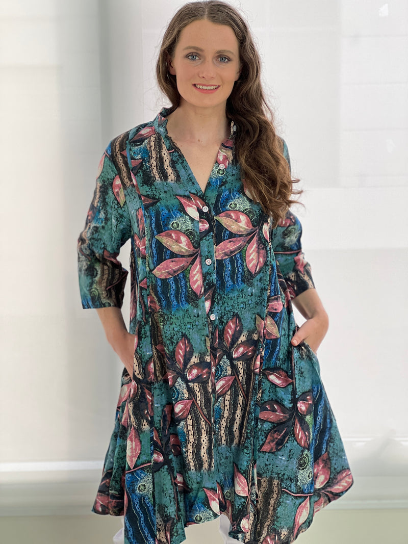 Tulum Teal Art Print Linen Shirt Dress
