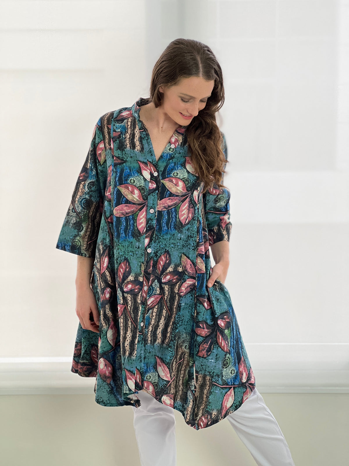 Tulum Teal Art Print Linen Shirt Dress