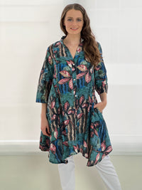 Tulum Teal Art Print Linen Shirt Dress
